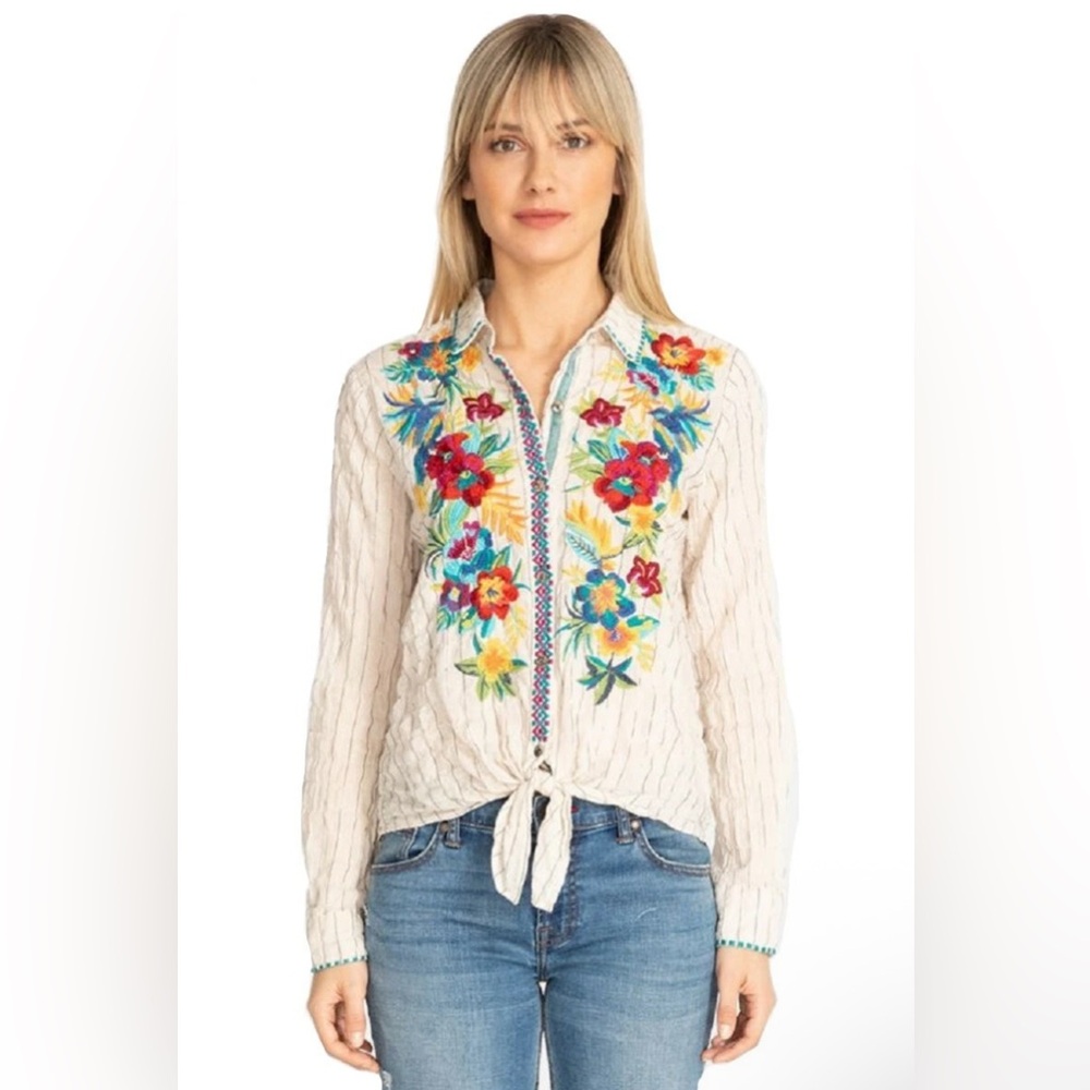 NEW Johnny Was Nandi Tie Front Shirt in Stripe Print XS